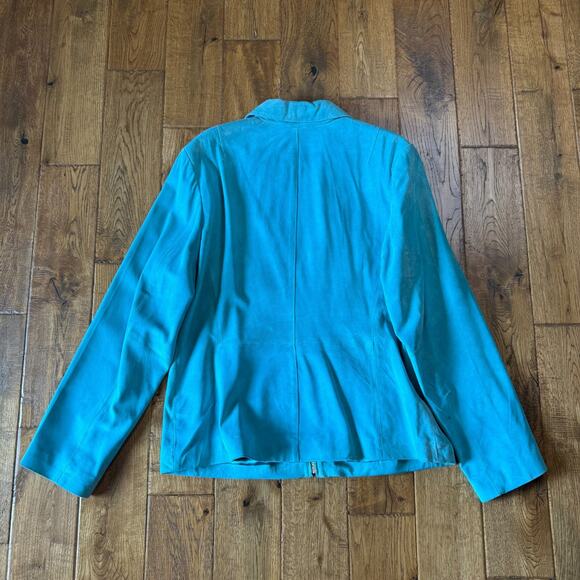 VTG Y2K Zip Front Suede Leather Jacket Women's XL Aqua Blue Saguaro Collared - Picture 8 of 8